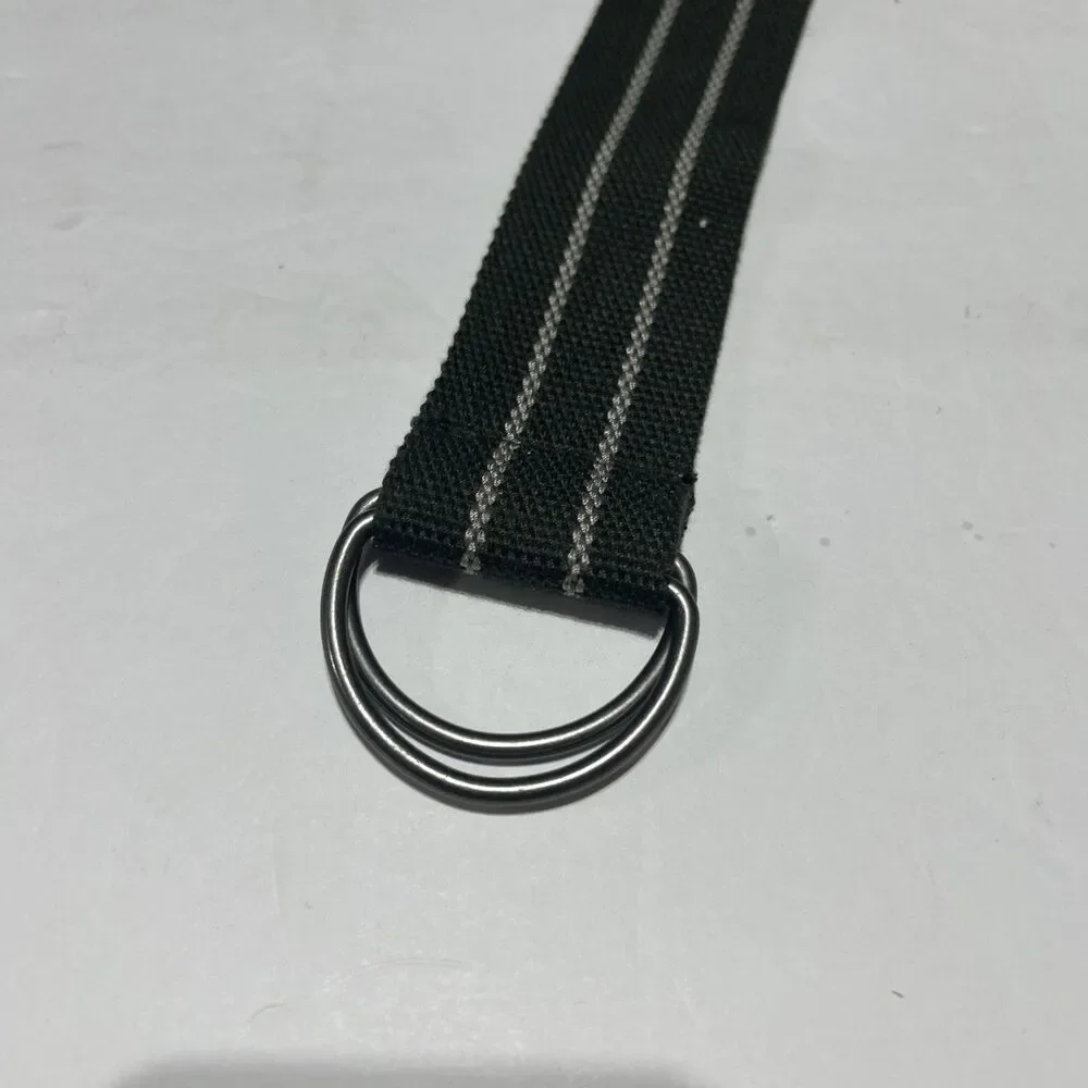 Mens Canvas Web Belt Striped Green Grey Metal Double D-Ring Adjustable 42 Inch